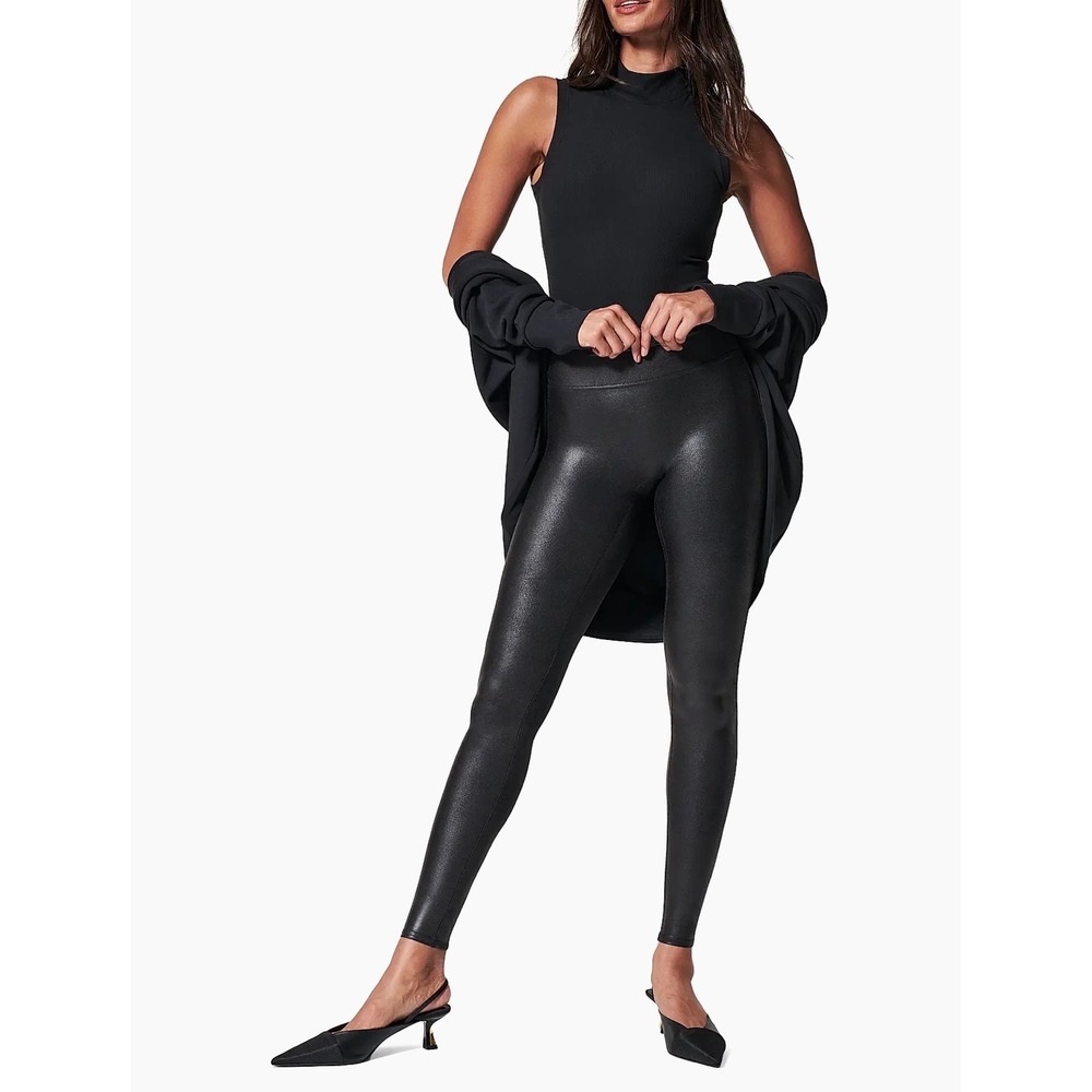 Spanx Faux Leather Leggings Very Black High Waisted Shaping Large